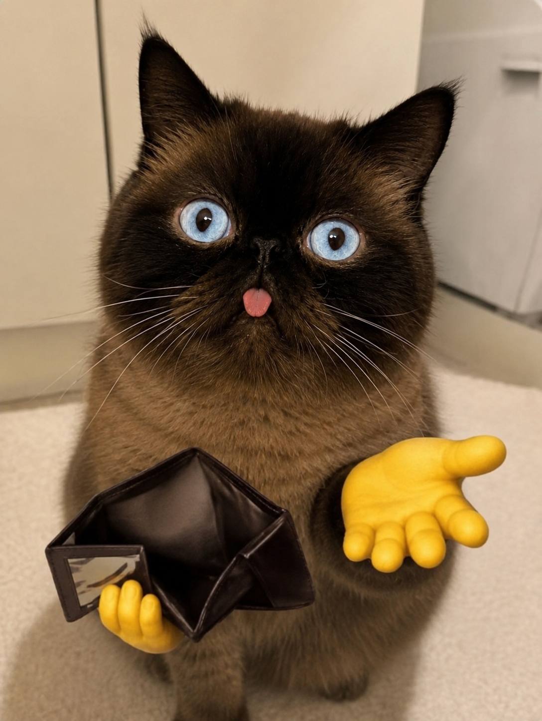 Neko holding an empty wallet with yellow paws