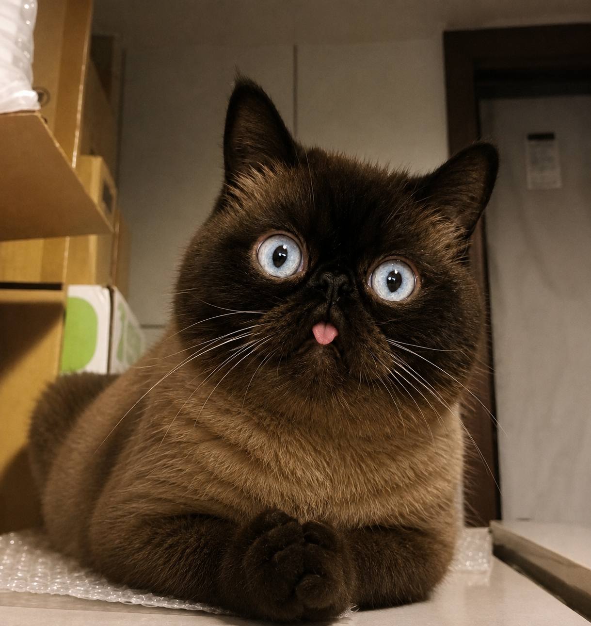 Neko resting on packing material in an office