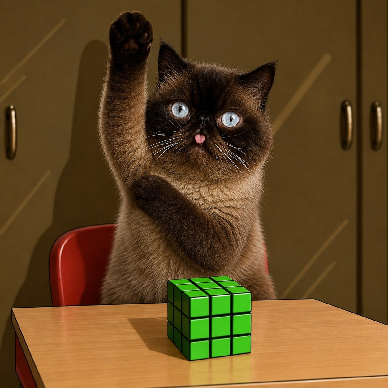 Neko raising a paw beside a green puzzle cube