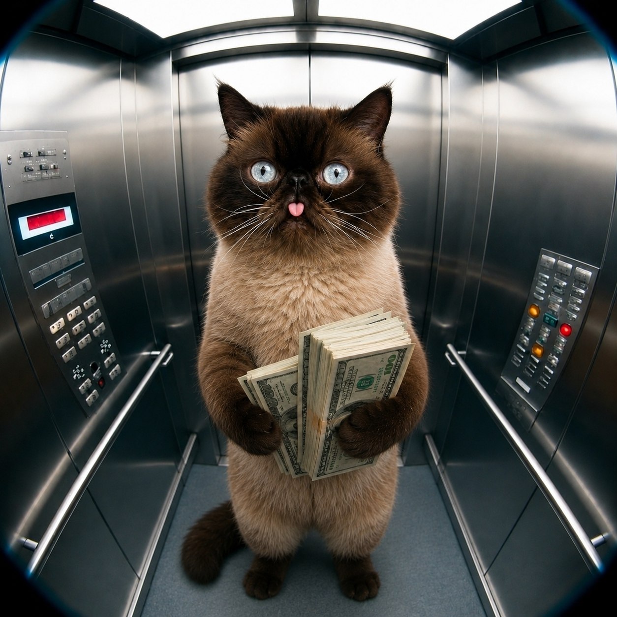 Neko holding stacks of cash inside an elevator