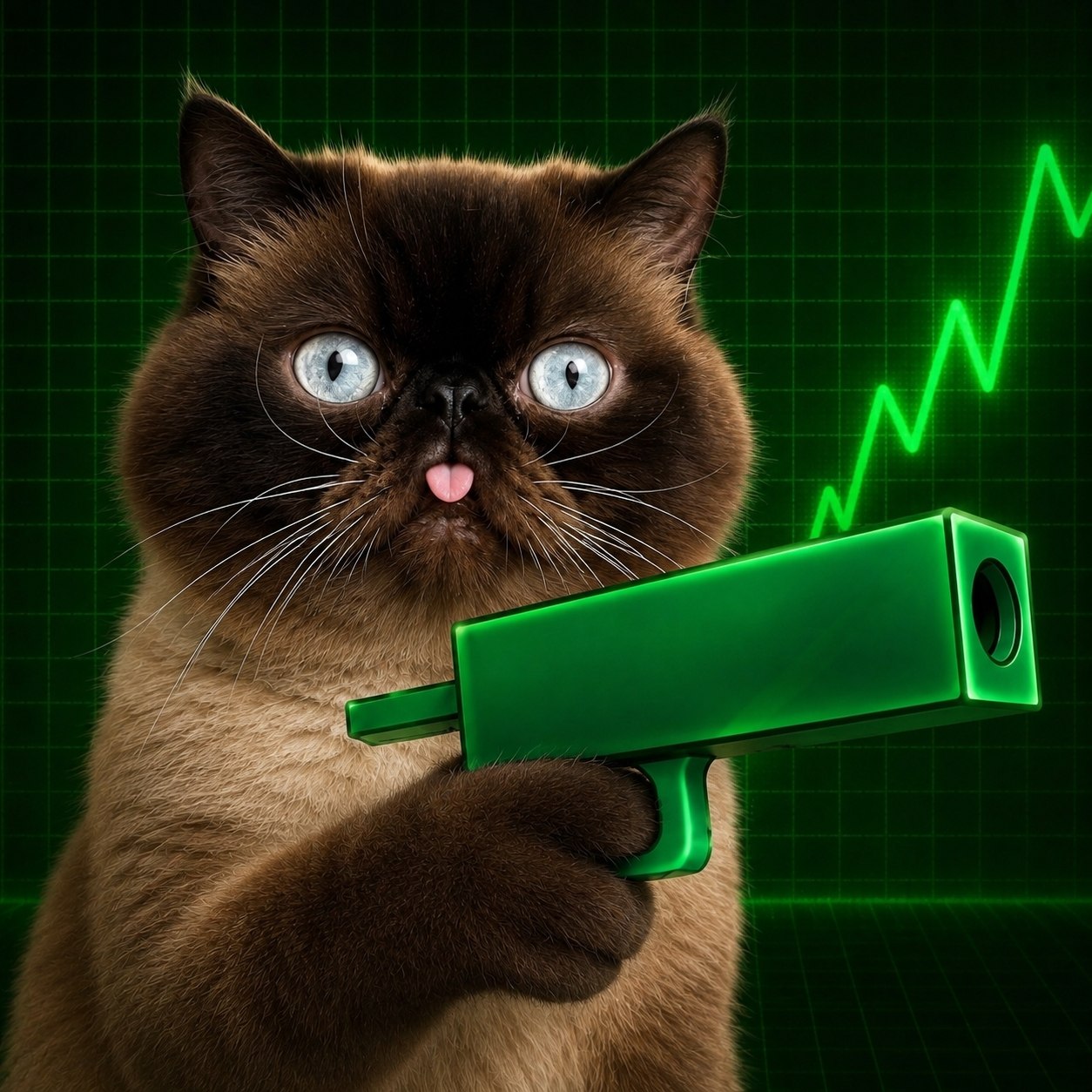 Neko holding a bright green toy money blaster