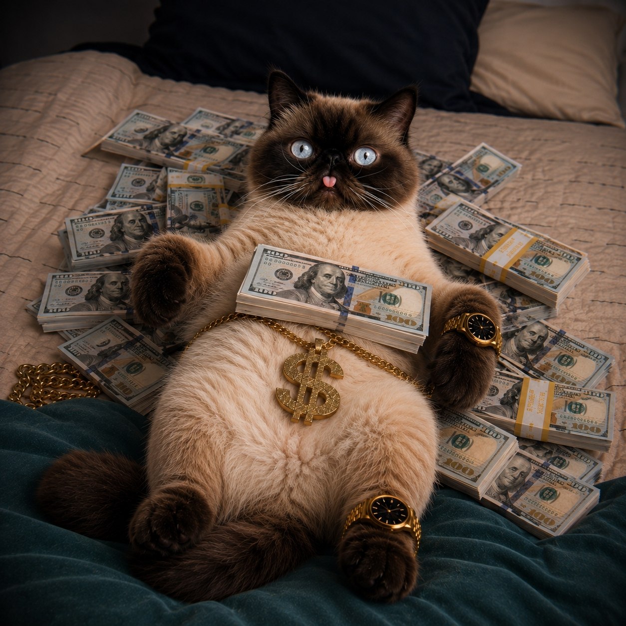 Neko relaxing on a bed surrounded by novelty money