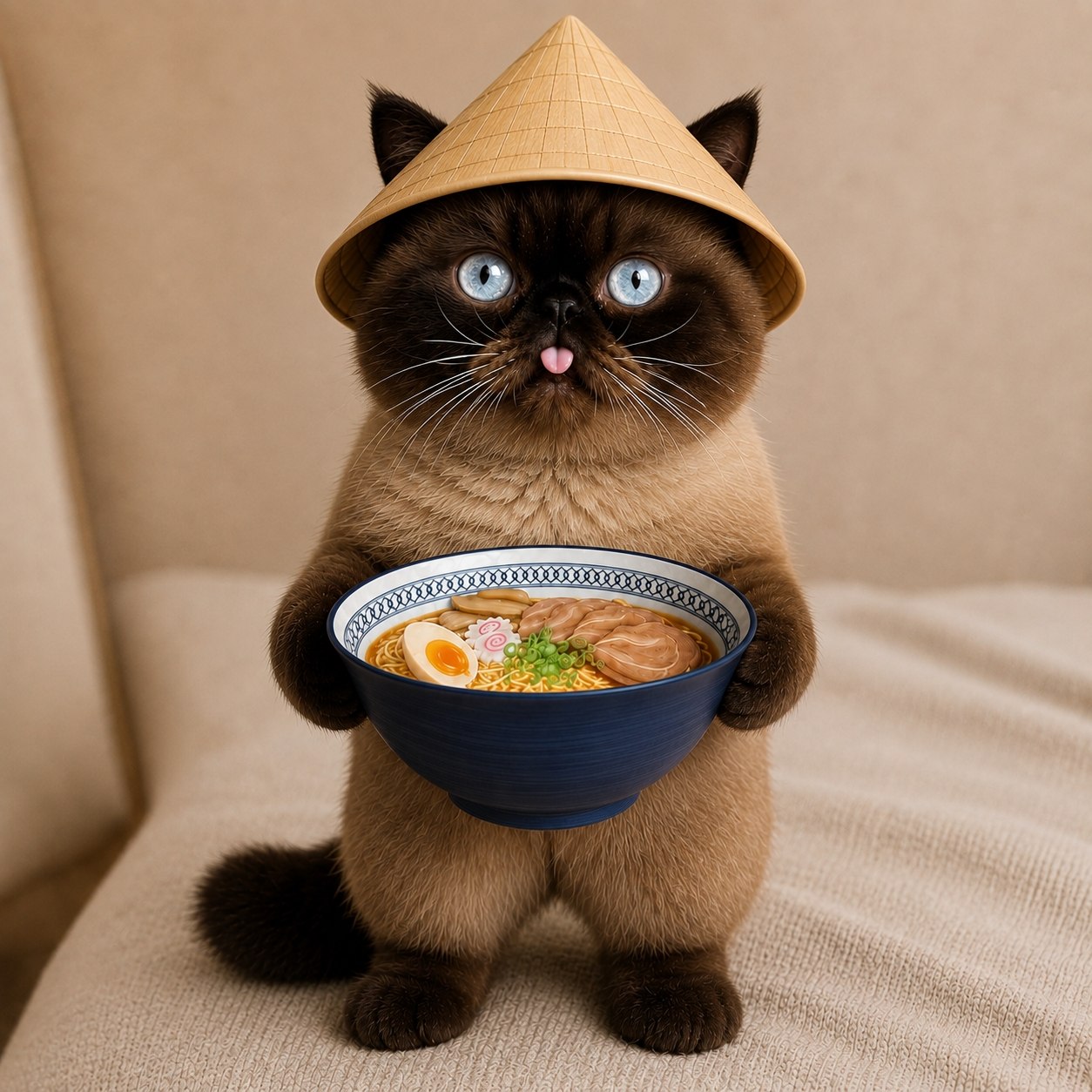 Neko holding a large bowl of ramen