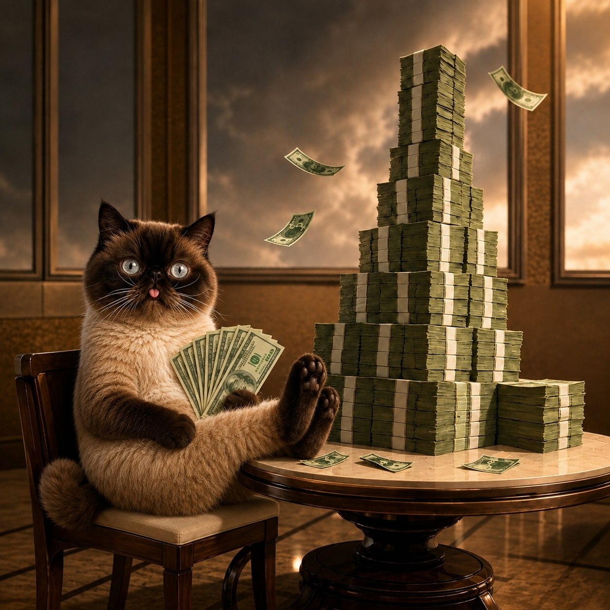 Neko sitting beside a tall stack of money