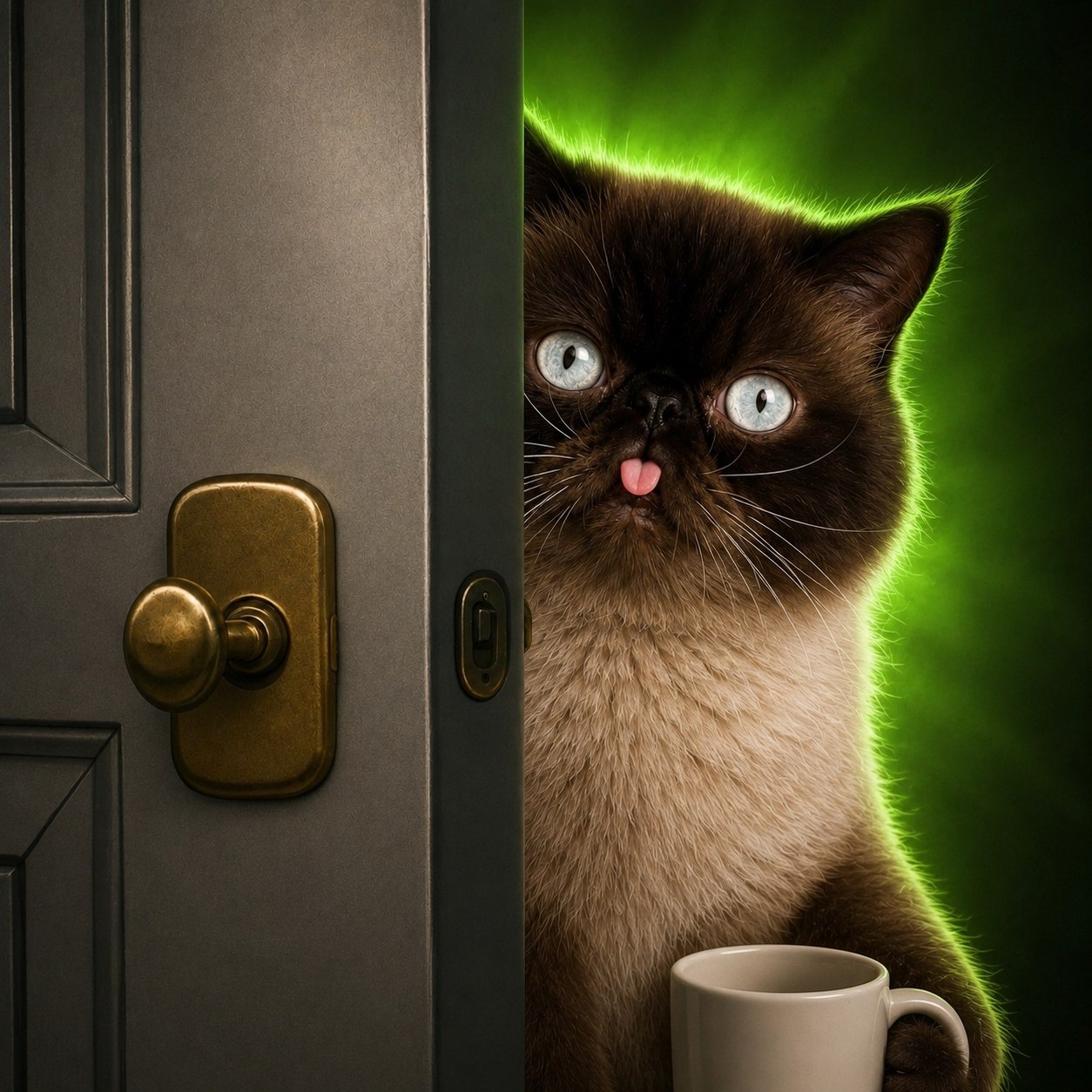 Neko opening a door while holding a mug