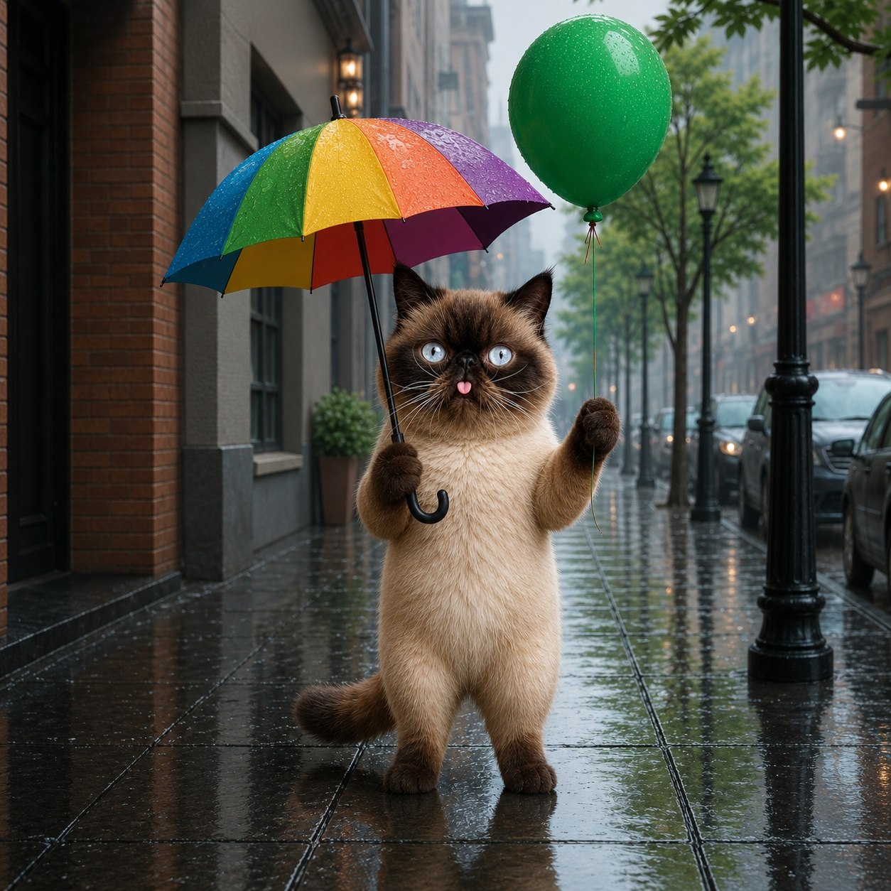 Neko holding a rainbow umbrella and green balloon