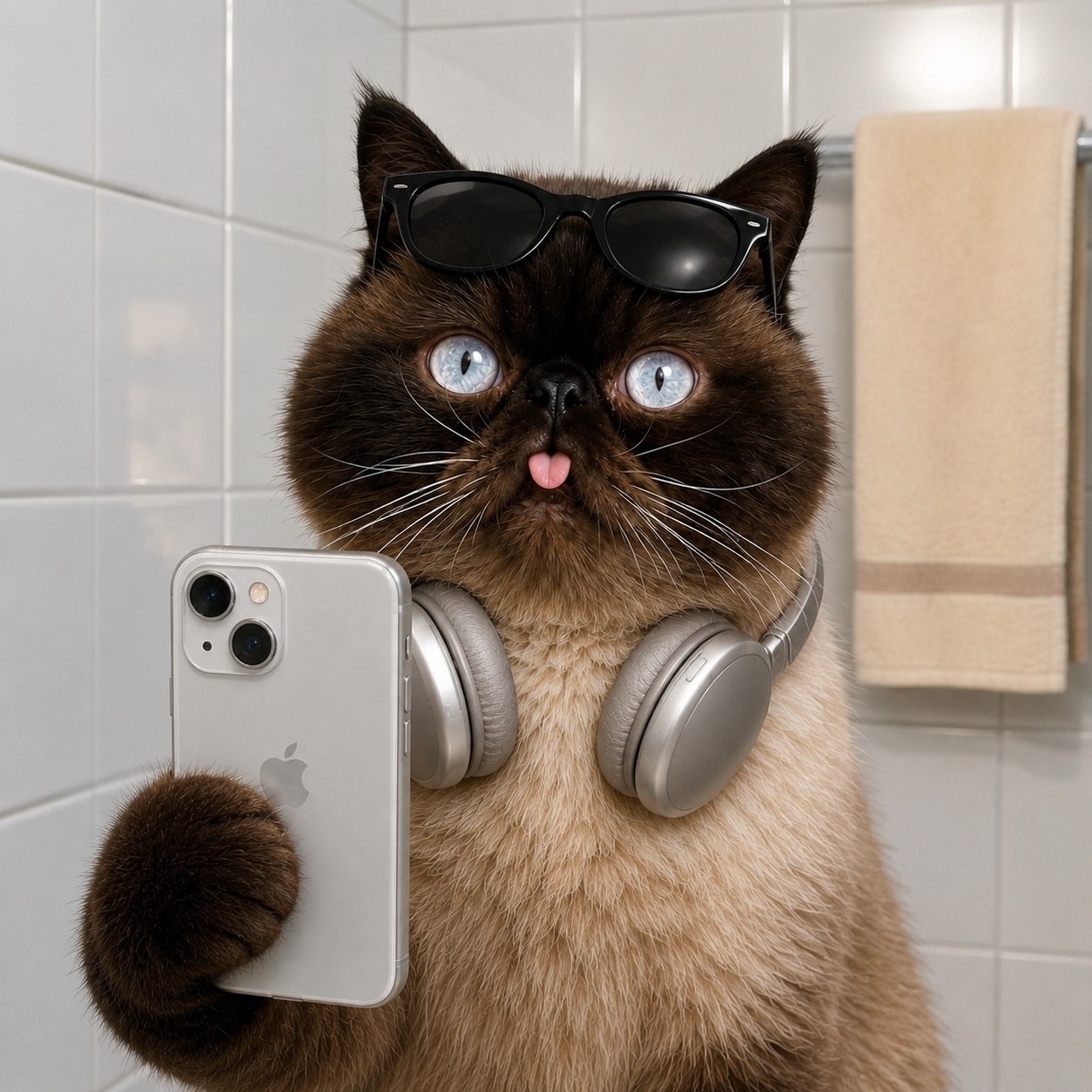 Neko holding a phone while wearing headphones