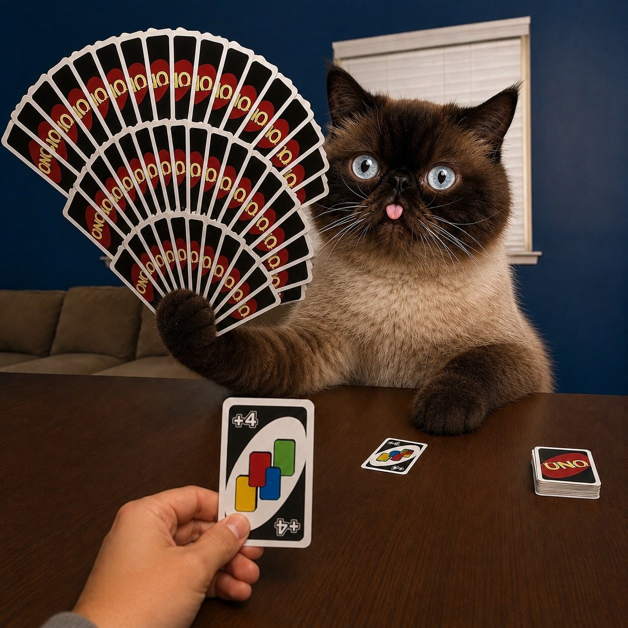Neko holding an oversized fan of game cards